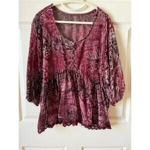 Y2K Style Burgundy Velvet Burnout Empire Waist Blouse Est size Medium Bohemian